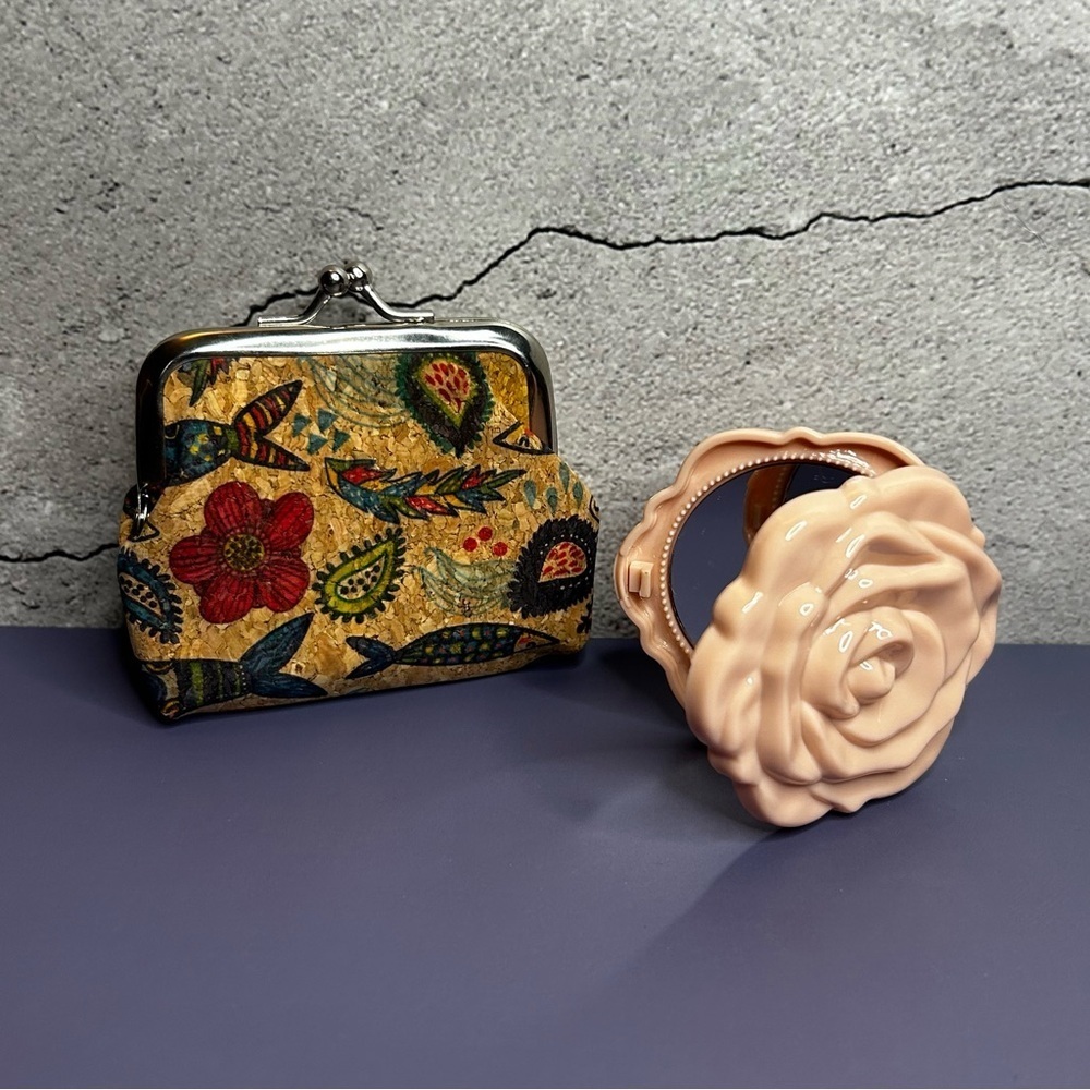 Vintage Inspired Coin Purse and Rose Design Compact Mirror